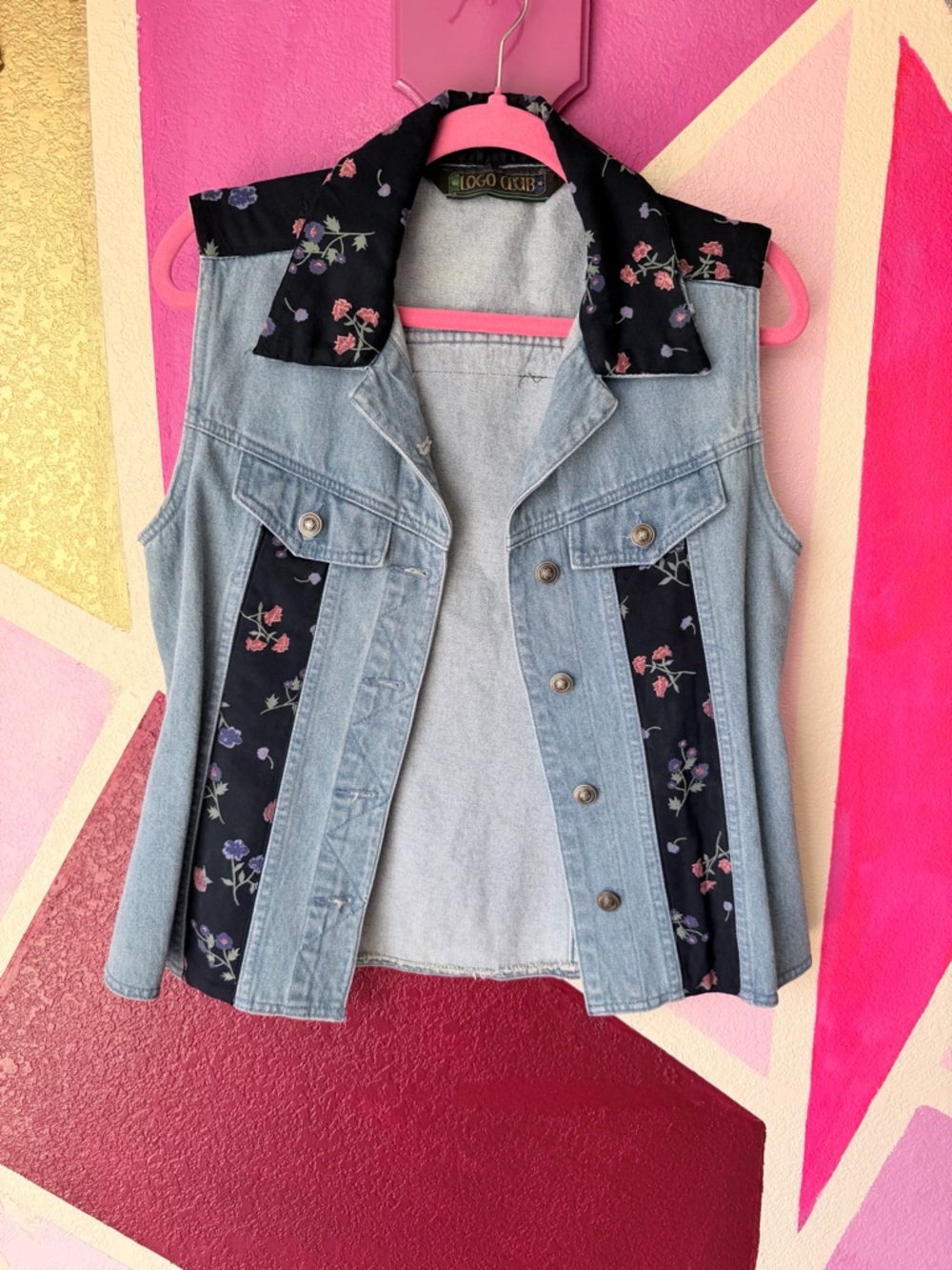 Vintage Logo Club Light Wash Denim Floral Vest 90s